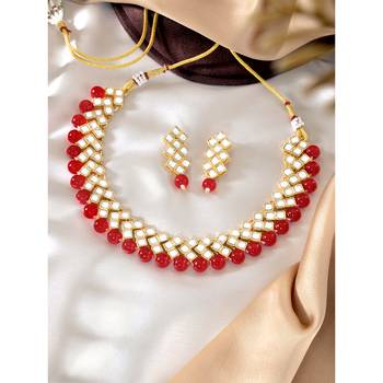 Aheli red indian ethnic kundan pearl fancy bridal traditional choker necklace jewellery set with earrings 2