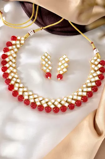 Aheli red indian ethnic kundan pearl fancy bridal traditional choker necklace jewellery set with earrings