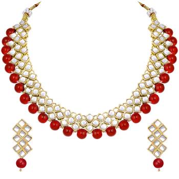 Aheli red indian ethnic kundan pearl fancy bridal traditional choker necklace jewellery set with earrings 3