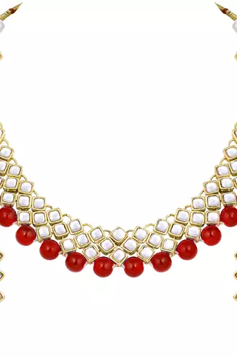 Aheli red indian ethnic kundan pearl fancy bridal traditional choker necklace jewellery set with earrings
