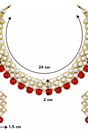 Aheli red indian ethnic kundan pearl fancy bridal traditional choker necklace jewellery set with earrings