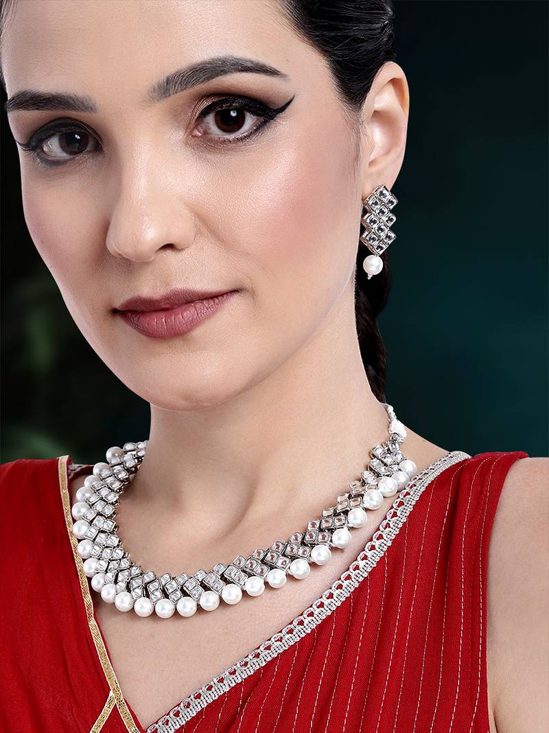 Aheli indian ethnic kundan pearl fancy bridal traditional choker necklace jewellery set with earrings