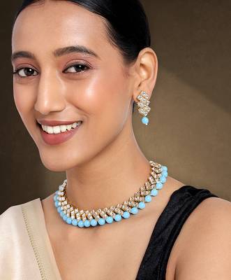 Aheli sky blue ethnic kundan pearl fancy bridal traditional choker necklace jewellery set with earrings 1