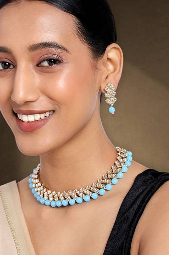 Aheli sky blue ethnic kundan pearl fancy bridal traditional choker necklace jewellery set with earrings