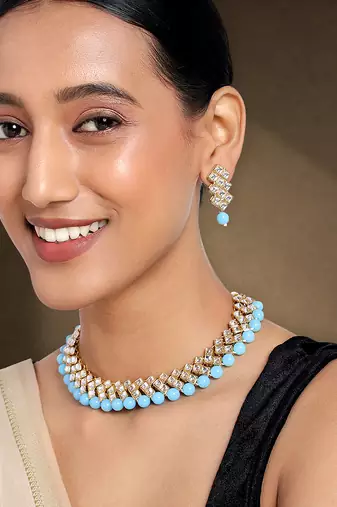 Aheli sky blue ethnic kundan pearl fancy bridal traditional choker necklace jewellery set with earrings
