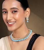 Aheli sky blue ethnic kundan pearl fancy bridal traditional choker necklace jewellery set with earrings