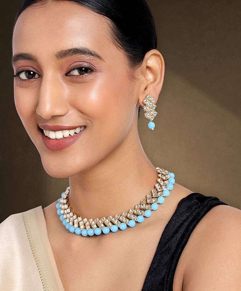Aheli sky blue ethnic kundan pearl fancy bridal traditional choker necklace jewellery set with earrings