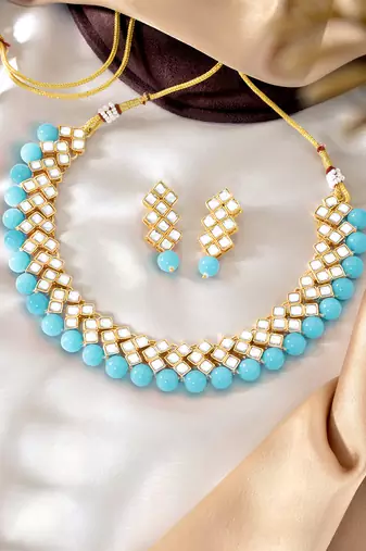 Aheli sky blue ethnic kundan pearl fancy bridal traditional choker necklace jewellery set with earrings