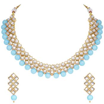 Aheli sky blue ethnic kundan pearl fancy bridal traditional choker necklace jewellery set with earrings 3