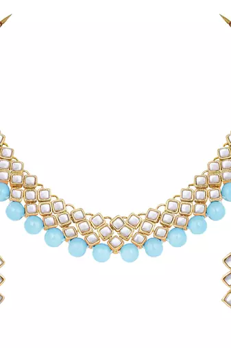 Aheli sky blue ethnic kundan pearl fancy bridal traditional choker necklace jewellery set with earrings