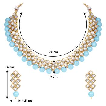 Aheli sky blue ethnic kundan pearl fancy bridal traditional choker necklace jewellery set with earrings 4