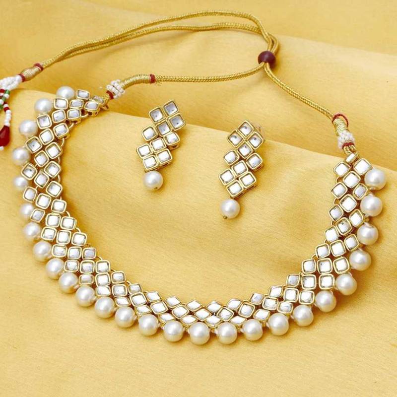 Aheli indian ethnic kundan pearl fancy bridal traditional choker necklace jewellery set with earrings