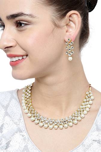 Aheli indian ethnic kundan pearl fancy bridal traditional choker necklace jewellery set with earrings