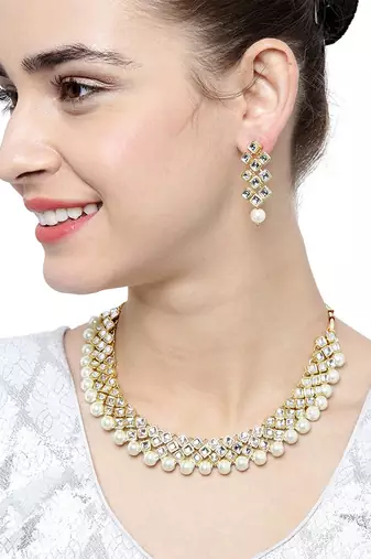 Aheli indian ethnic kundan pearl fancy bridal traditional choker necklace jewellery set with earrings