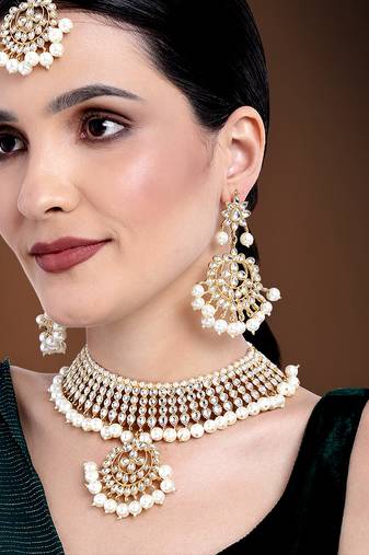 Aheli gold-plated brass and kundan, pearl necklace earring set with maang tikka