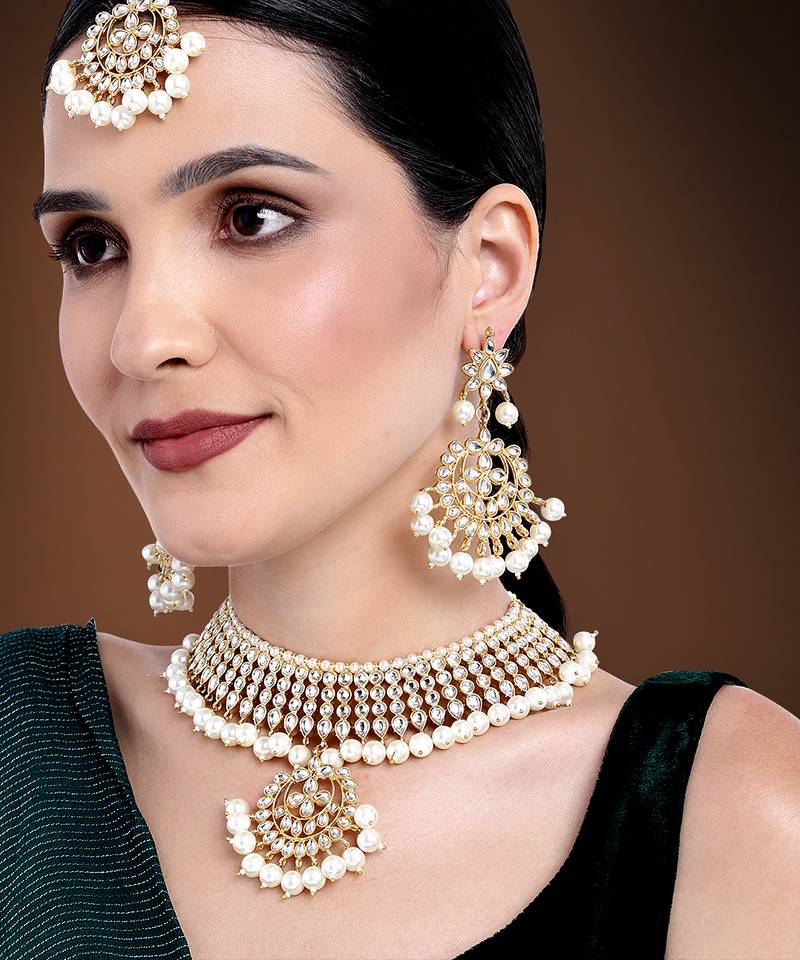 Aheli gold-plated brass and kundan, pearl necklace earring set with maang tikka