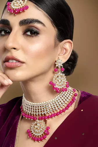 Aheli pearl kundan choker necklace earring maang tikka traditional jewellery set