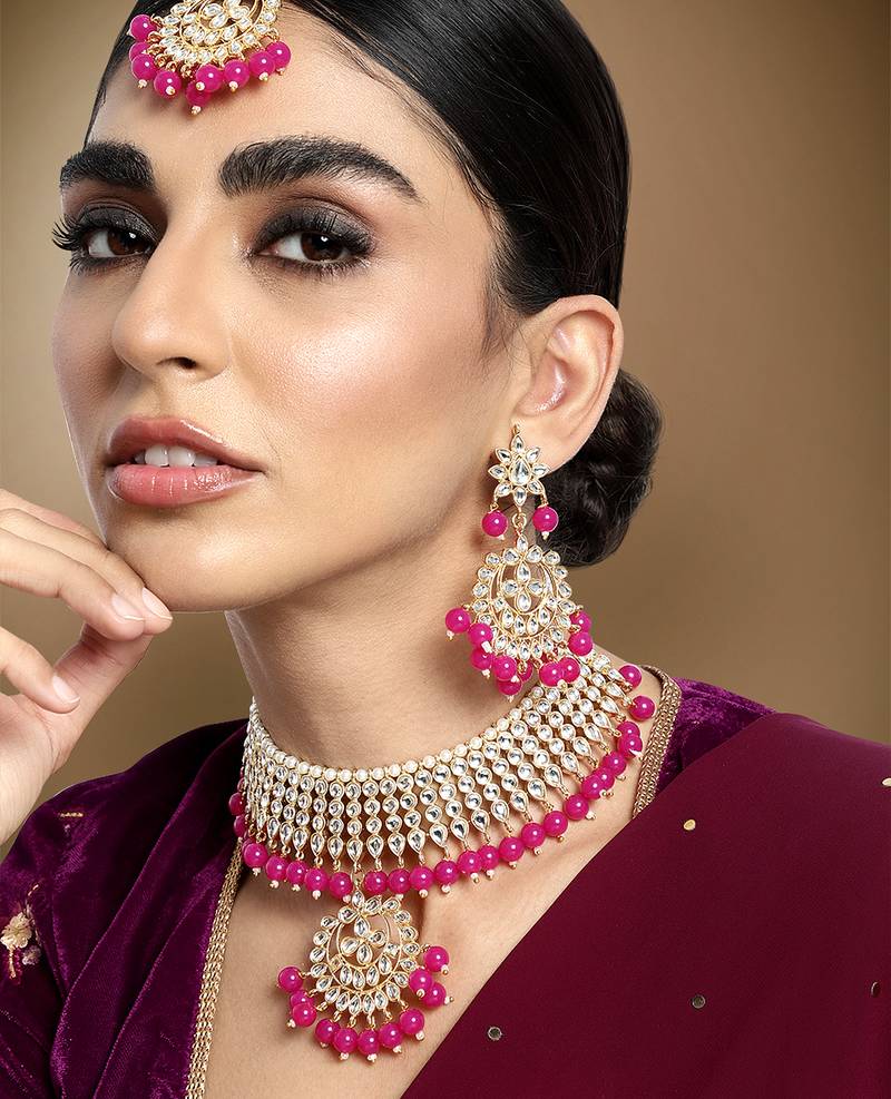 Aheli pearl kundan choker necklace earring maang tikka traditional jewellery set