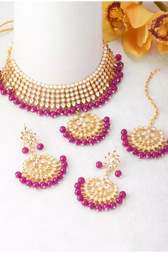 Aheli pearl kundan choker necklace earring maang tikka traditional jewellery set