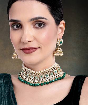 Aheli green kundan faux pearl choker necklace earring traditional jewellery set 1