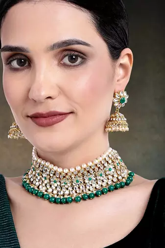 Aheli green kundan faux pearl choker necklace earring traditional jewellery set