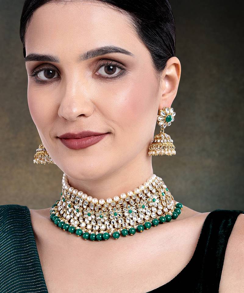 Aheli green kundan faux pearl choker necklace earring traditional jewellery set