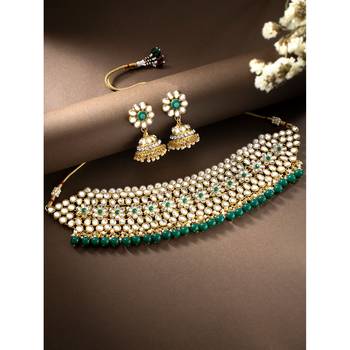 Aheli green kundan faux pearl choker necklace earring traditional jewellery set 2