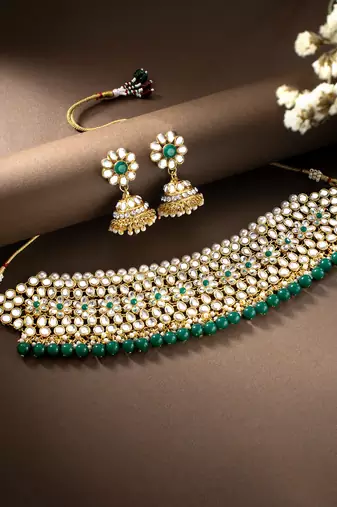 Aheli green kundan faux pearl choker necklace earring traditional jewellery set