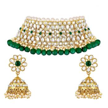 Aheli green kundan faux pearl choker necklace earring traditional jewellery set 3