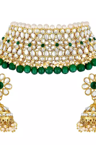 Aheli green kundan faux pearl choker necklace earring traditional jewellery set