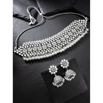 Aheli silver rhodium plated traditional kundan choker necklace jhumki earring set 1