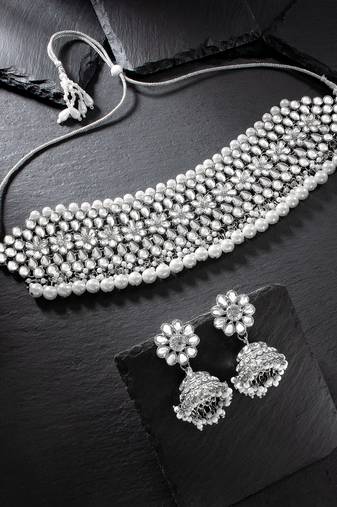 Aheli silver rhodium plated traditional kundan choker necklace jhumki earring set