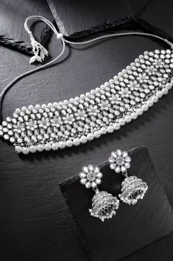Aheli silver rhodium plated traditional kundan choker necklace jhumki earring set