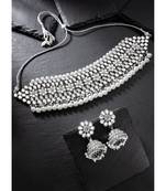 Aheli silver rhodium plated traditional kundan choker necklace jhumki earring set