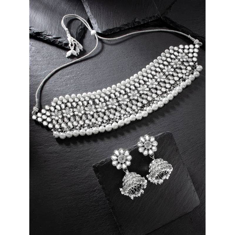 Aheli silver rhodium plated traditional kundan choker necklace jhumki earring set