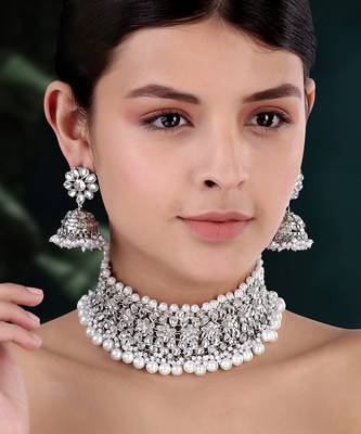 Aheli silver rhodium plated traditional kundan choker necklace jhumki earring set 2