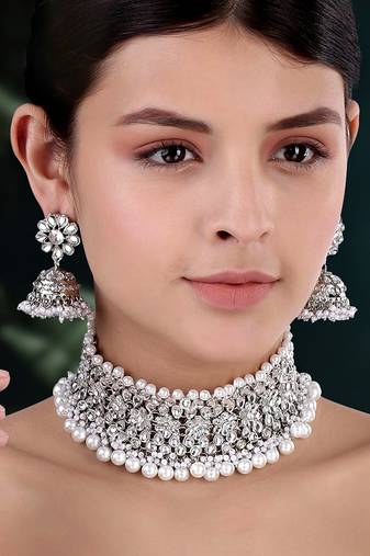 Aheli silver rhodium plated traditional kundan choker necklace jhumki earring set