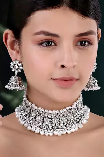 Aheli silver rhodium plated traditional kundan choker necklace jhumki earring set