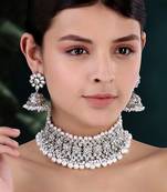Aheli silver rhodium plated traditional kundan choker necklace jhumki earring set