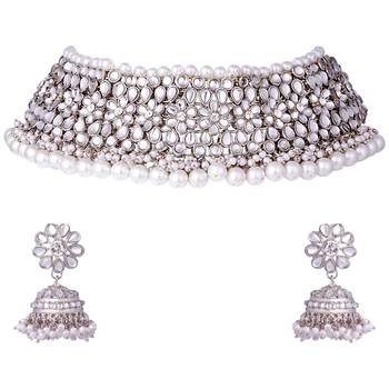 Aheli silver rhodium plated traditional kundan choker necklace jhumki earring set 3