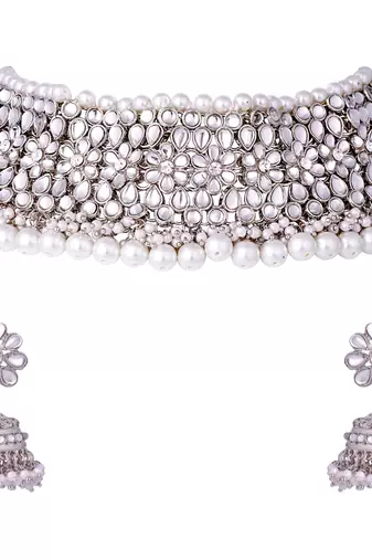 Aheli silver rhodium plated traditional kundan choker necklace jhumki earring set