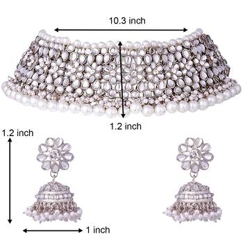 Aheli silver rhodium plated traditional kundan choker necklace jhumki earring set 4