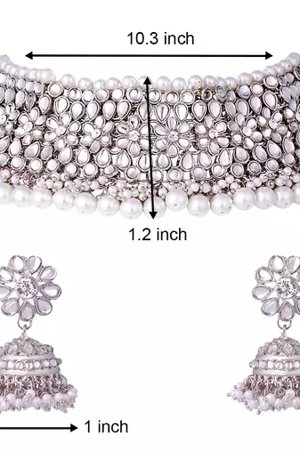 Aheli silver rhodium plated traditional kundan choker necklace jhumki earring set
