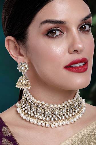 Aheli wedding kundan faux pearl choker necklace earring traditional jewellery set