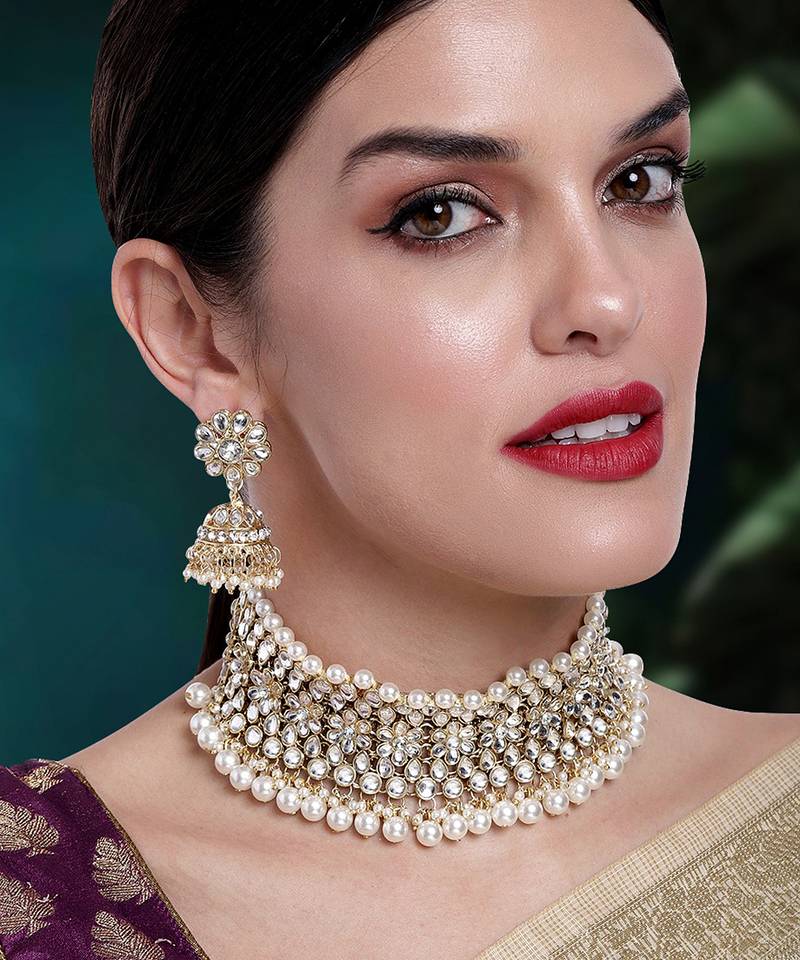 Aheli wedding kundan faux pearl choker necklace earring traditional jewellery set