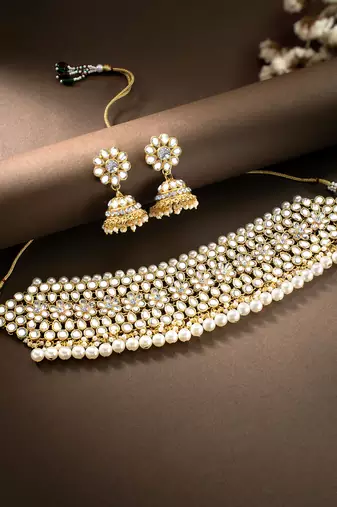 Aheli wedding kundan faux pearl choker necklace earring traditional jewellery set