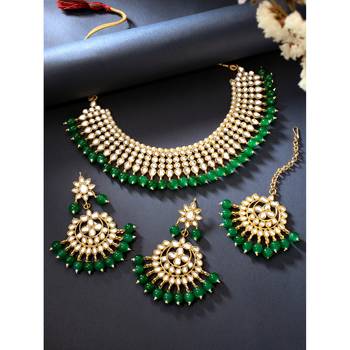 Aheli green indian ethnic kundan pearl fancy bridal traditional necklace jewellery set with earrings 1