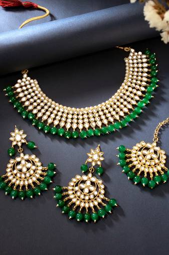 Aheli green indian ethnic kundan pearl fancy bridal traditional necklace jewellery set with earrings