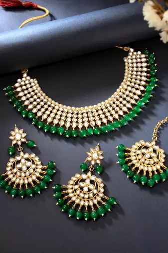 Aheli green indian ethnic kundan pearl fancy bridal traditional necklace jewellery set with earrings