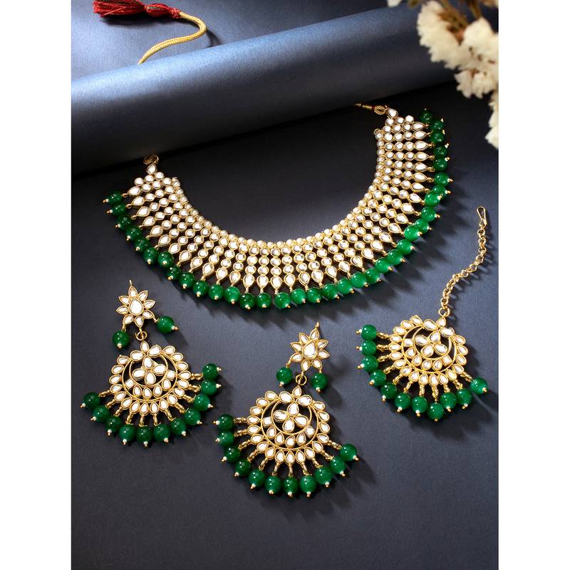 Aheli green indian ethnic kundan pearl fancy bridal traditional necklace jewellery set with earrings